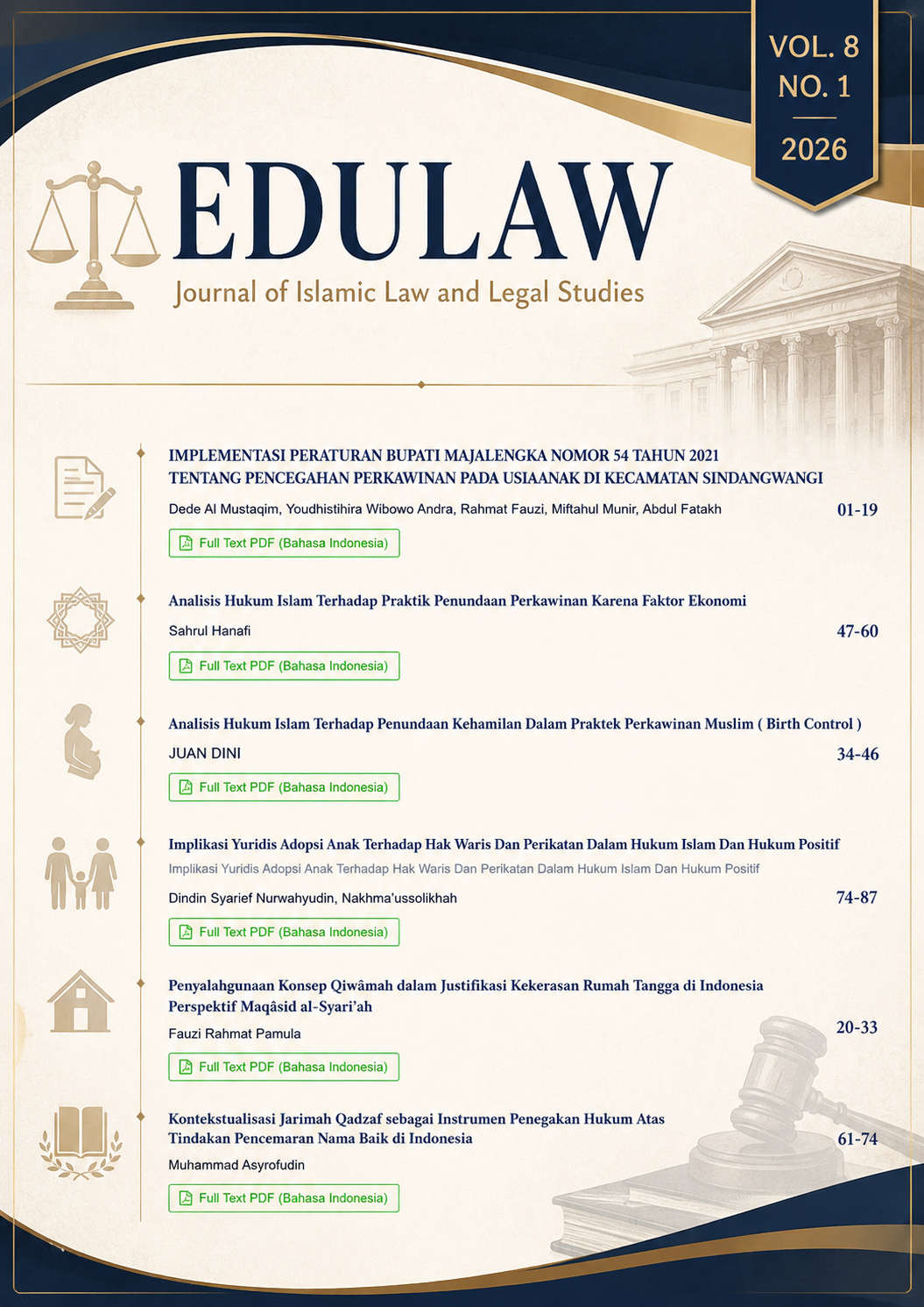 					View Vol. 8 No. 1 (2026): Edulaw : Journal of Islamic Law and Yurisprudance
				